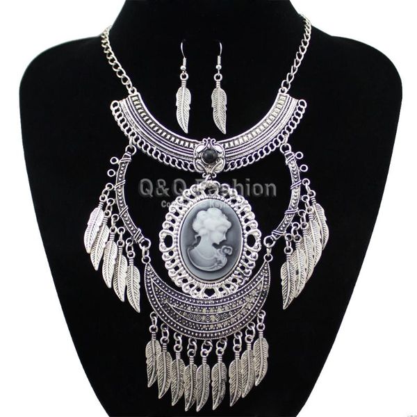 

earrings & necklace victorian vintage silver plated girl cameo feather crescent chain jewelry 2021