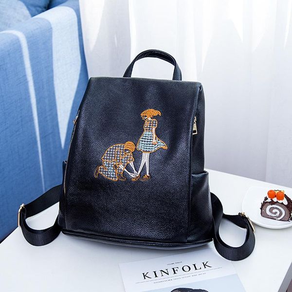 

backpack 2021 women's shoulder bag leather korean multifunctional couple embroidery fashion girls