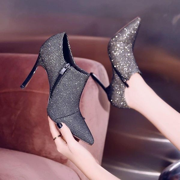 

boots spring/fall naked woman high heels women's single shoes sequince fabric pointed toe metal heel female footware black grey
