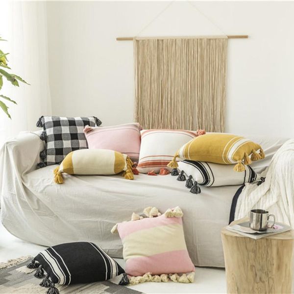 

pillow case geometric stripe cushion cover plush tassels edge soft throw woven fashion home sofa decor waist