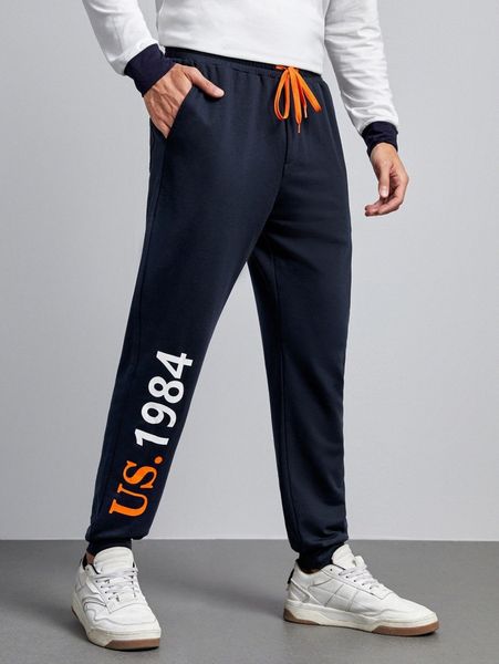 

men letter graphic drawstring waist joggers j6yt#, Black