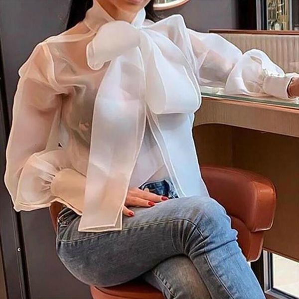 

see through sheer mesh dot women blouses puff long sleeve solid color organza loose chiffon, White
