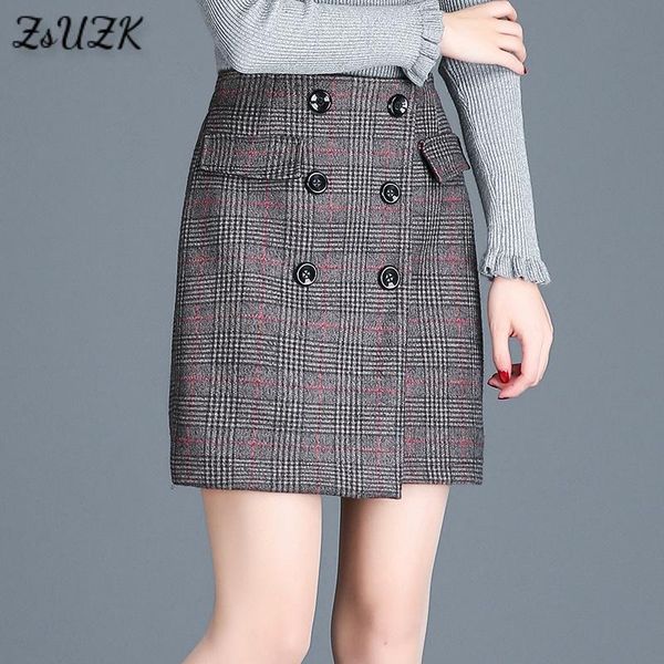 

skirts woolen plaid skirt women korean elastic high waist a line double button mini spring autumn, Black