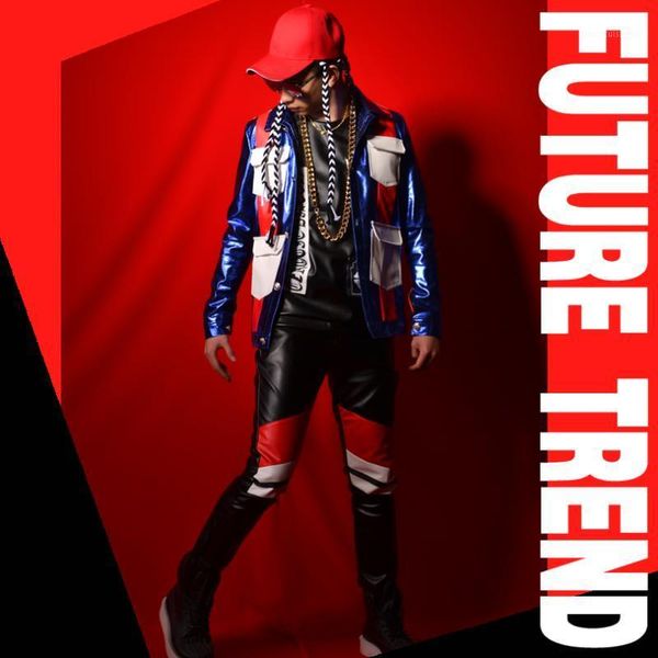 

men's fur & faux m-xxl nightclub male singer dj big pocket color splicing pu coat major bar stage costumes..., Black