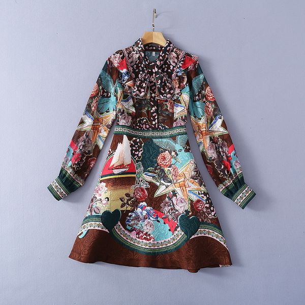

dresses european and american women's clothing spring 2021 long lantern sleeve bow collar printed mosaic jacquard dress dej2, Black;gray