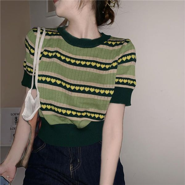 

women's t-shirt vintage knitted summer short thin avocado green heart-shaped striped bubble short-sleeved fashion sweet, White