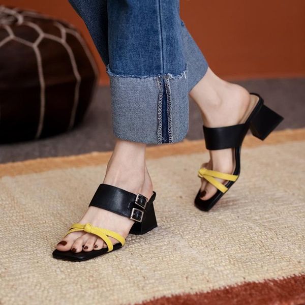 

cow leather women sandals cross-tied slippers 5cm chunky heel summer shoes modern for high, Black