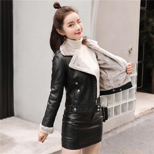 

women's leather & faux women coats fur coat jacket autumn winter warm plush thick outerwear ladies wool collar basic jackets, Black