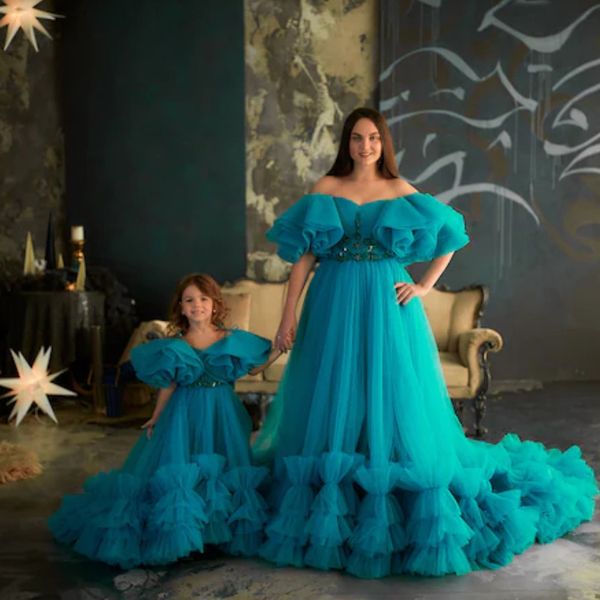 Blaue trägerlose Ballkleider für Mutter und Tochter, Rüschen, Tüll, Fotoshooting-Kleider, bauschiger Rock, Geburtstagsparty-Kleid 326 327