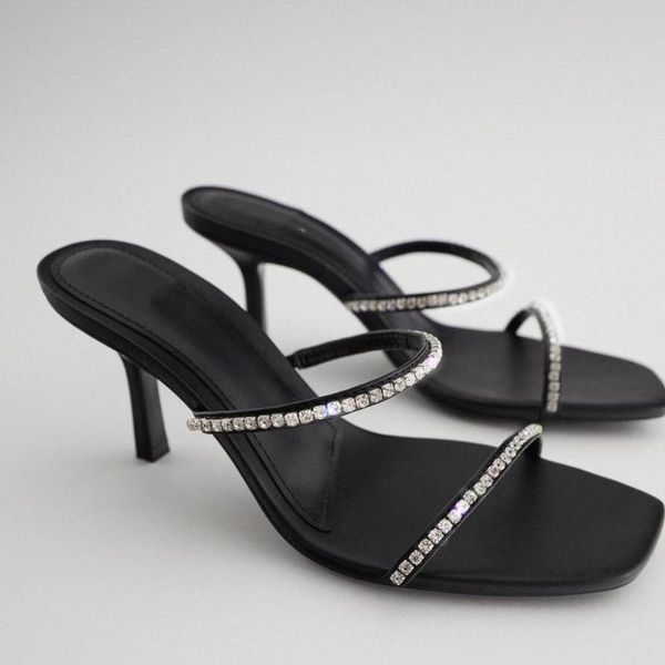 

sandals 2021 summer square toe rhinestone accessories high heel women stiletto, Black