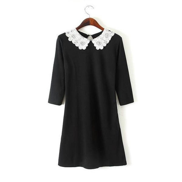 

casual dresses vsue black white lace turn down collar short sleeve midi dress office lady a line elegant women female d0147, Black;gray