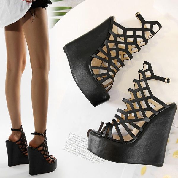 sandals roma style women hollow pu leather open toe wedge heels fashion ankle buckle strap black platform shoes