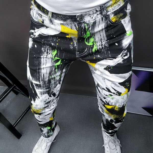 

men's jeans hip hop slim fit yellow green painted 2021 high street fashion printed big size men vintage party dance trousers uzru, Blue