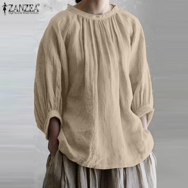 

women's blouses & shirts women autumn blouse o neck 3/4 sleeve shirt casual vintage pleated loose work blusas overszie chemise solid, White