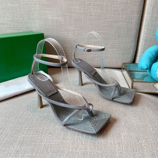 

2022 women ladies real leather 8cm heels sandals summer flip-flops slipper slip-on wedding buckle shoes fashion solid narrow band square hea, Black