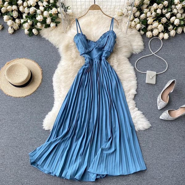 

singreiny women korean pleated dress sleeveless backless a-line party dresses summer off shoulder holiday beach long dress 210419, Black;gray
