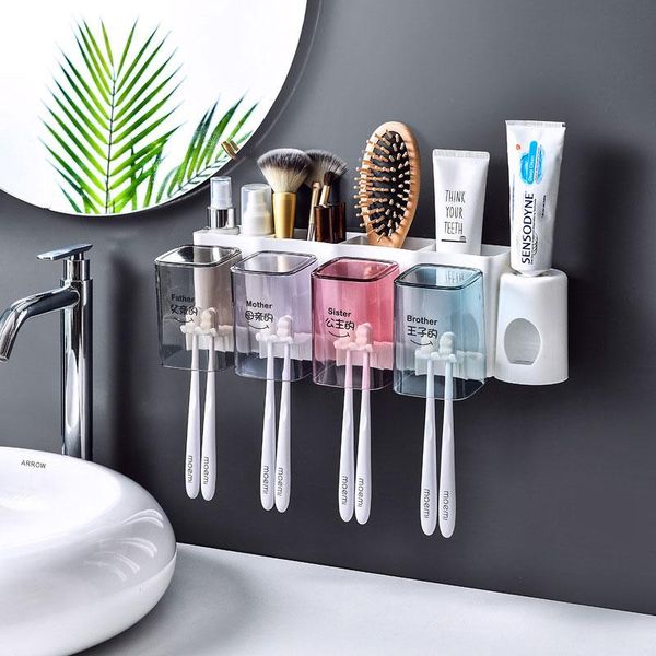 

toothbrush holders wall-mount holder toiletries storage rack auto squeezing toothpaste dispenser with cup teethbrush accessor