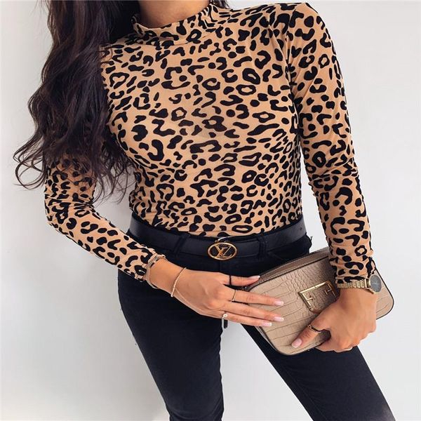 

women's t-shirt 2021 autumn winter women turtleneck t shirt long sleeve leopard print skinny stretch basic tee slim fit streetwear, White