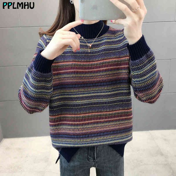 

women's sweaters loose colours half turtleneck knitted women winter vintage stripe patchwork pullover fashion knitwear korean, White;black
