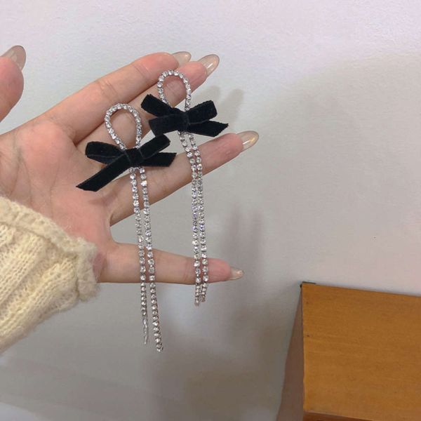 

long tassel - court style black bowknot with diamond earrings