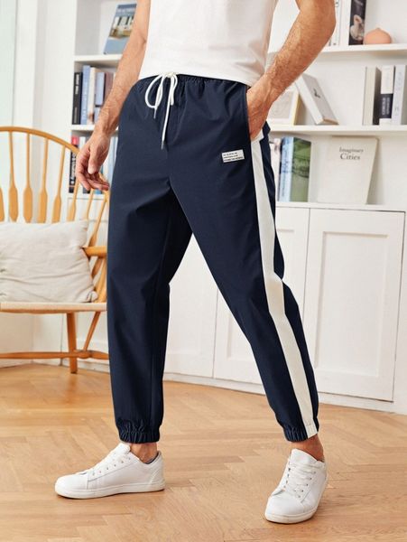 

men patched detail contrast sideseam pants z1aq#, Black