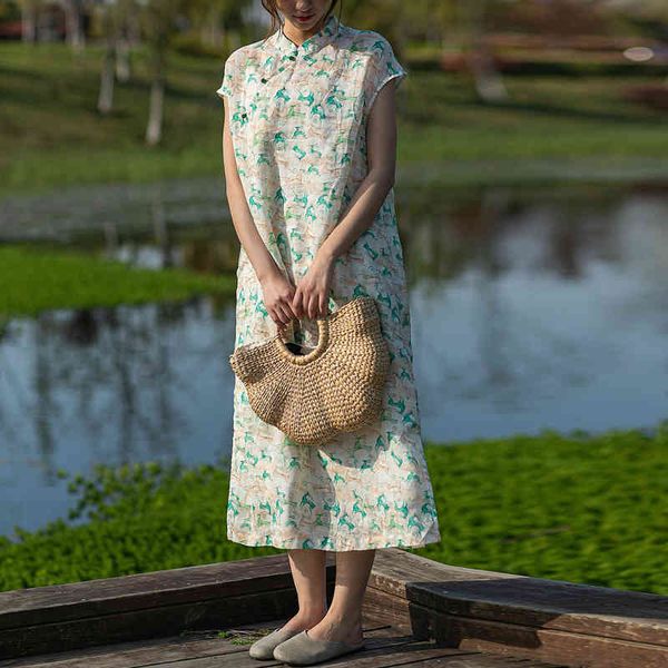 

johnature chinese style dresses for women print floral stand button short sleeve ramie summer a-line dress 210521, Black;gray