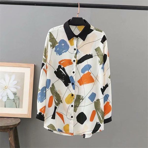 

women's blouses & shirts women spring summer high-end retro chiffon long sleeve -neck print blusas fashion mid-length mm0487, White