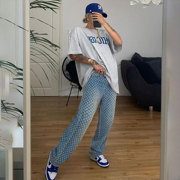 

denim pants personality trendy womens jean high waist wild straight trousers solid color fitting ripped jeans for women party dance, Blue