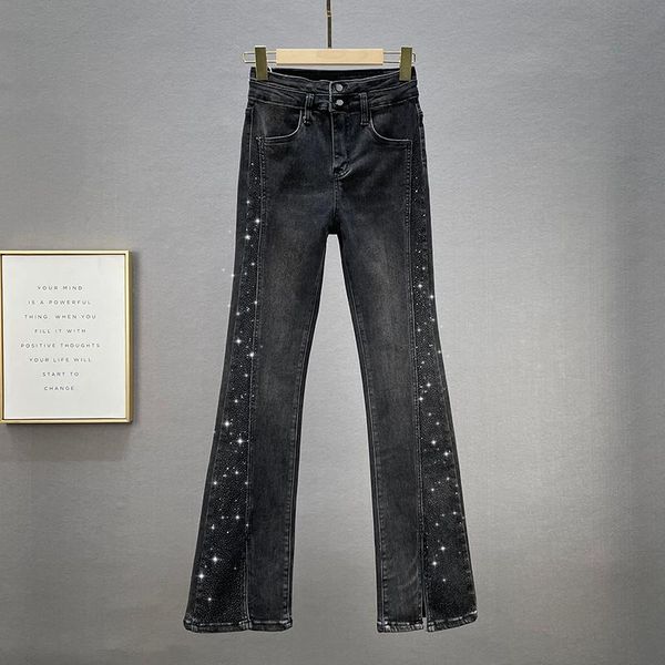 

women's jeans rhinestone wide leg trousers 2021 autumn cotton elastic bootcut girls jean lady casual denim pants, Blue