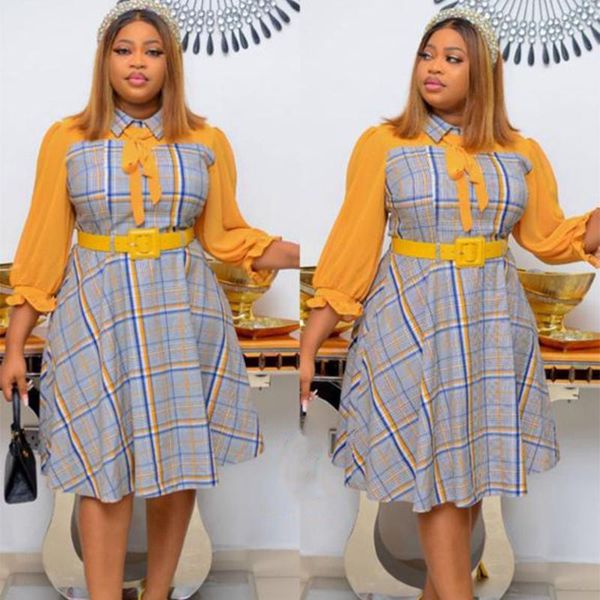 

casual dresses autumn 2021 fashion women dress lattice color contrast african high waist long sleeve lapel simplicity, Black;gray