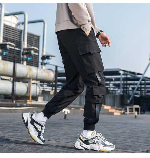 

men's pants ins spring hip hop joggers men black harem multi-pocket ribbons man sweatpants streetwear casual mens