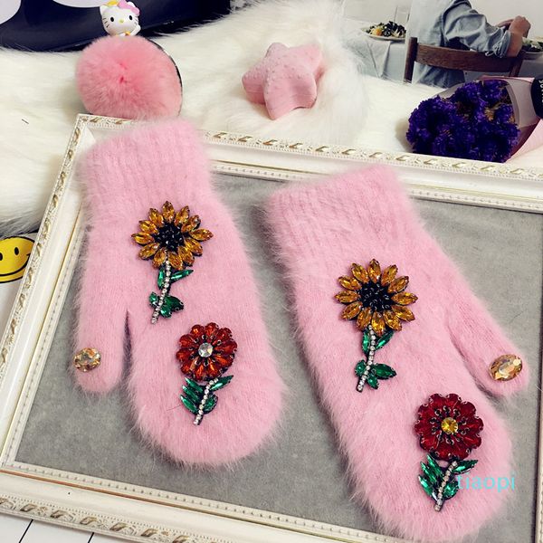 Fingerhandschuhe Damen Winter bunt Kristall Blumen Design Pelz Mode Handwärmer Marke