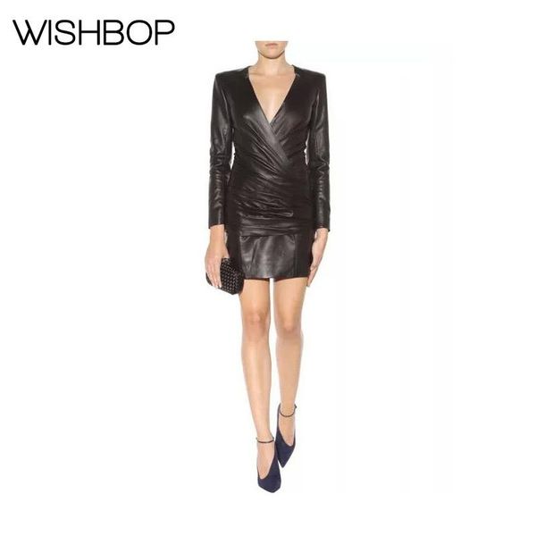 

casual dresses 2021 black v neck long sleeve slim fit skinny faux leather wrap mini dress with back zipper closure & gold metal buttons, Black;gray
