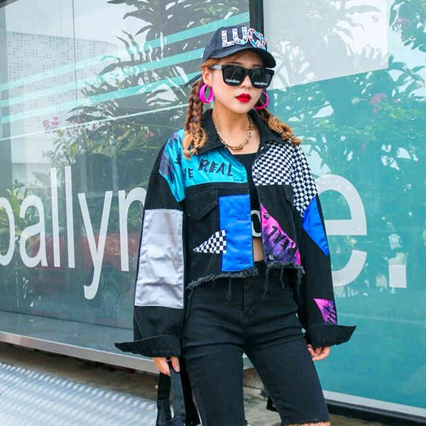 

jackets europe station autumn and winter bat sleeve retro short stitching denim jacket tide brand printing age-reducing hip-hop top, Black;brown