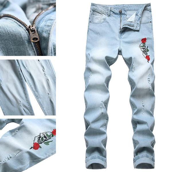 

men's jeans trendy men's slim washed white light-colored pants youth, Blue