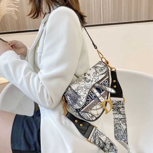 

fashion female printed canvas portable saddle bag letter embroidered armpit single shoulder messenger bag handbags