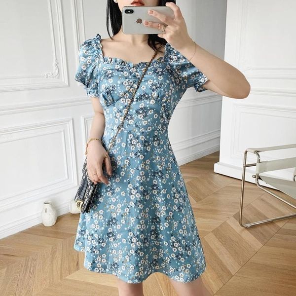 

casual daisy floral print women's mini dress spring summer puff sleeve square collar slim waist short dresses, Black;gray