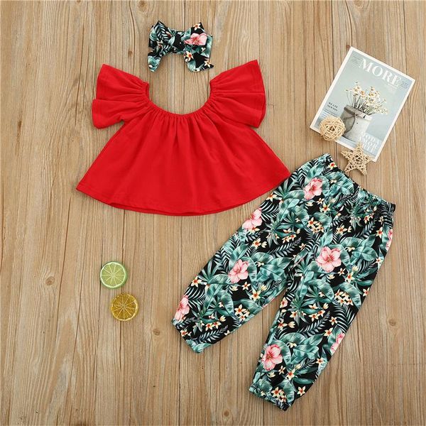 

pieces kids suit set solid color round neck short sleeve + floral print trousers+ headband for summer 1-6 years clothing sets, White