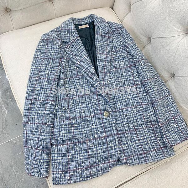 

[elfstyle] - grey blue checked wool blazer lapel collar one button chest pocket flap pockets long sleeves woman suit women's suits & bl, White;black