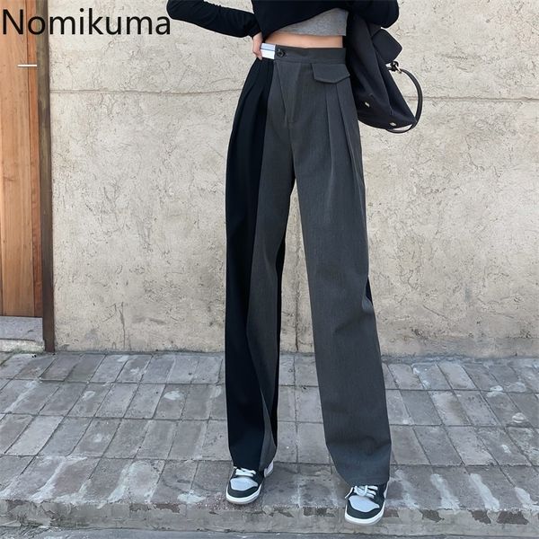 

nomikuma women suit pants straight loose high waist korean casual trousers contrast color patchwork wide leg pantalones 3d649 210514, Black;white