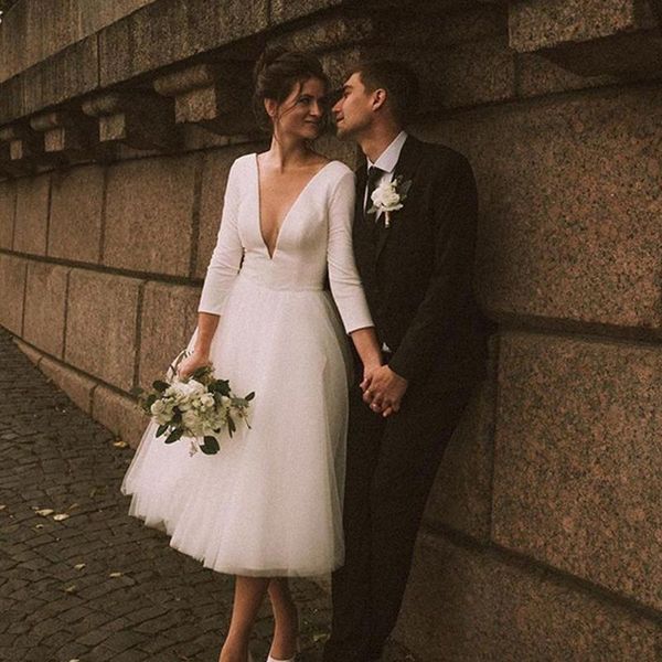 

2022 3/4 long sleeves wedding dresses tulle satin a line bridal gown deep v neck tea length custom made party gowns vestido de novia, White