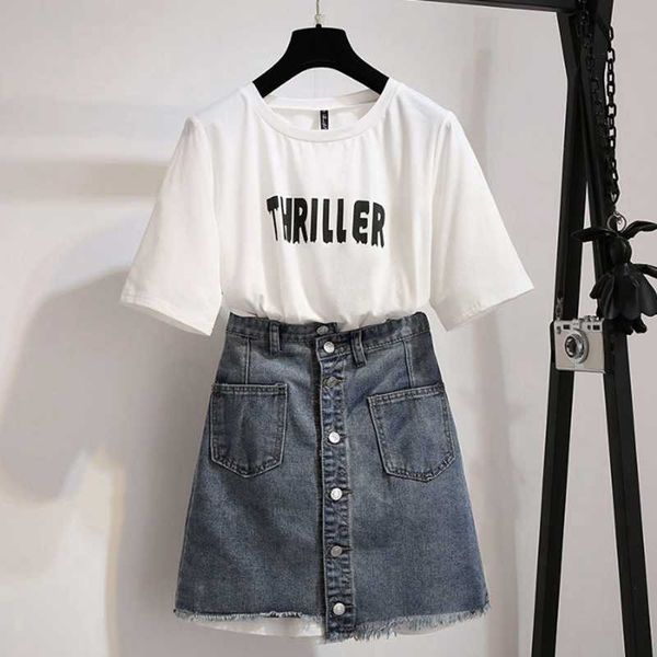 Mulheres Long T Shirts + Saias Set Suits Casual Verão Cotton Letras Tshirt Vestido Mini Pocket Denim Saia Sets para 210529