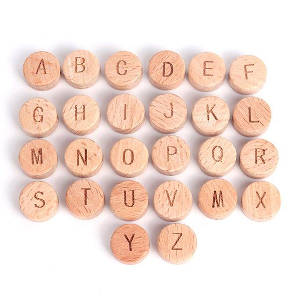 

brand designer wooden 15mm natural beech wood round beads 26 alphabet letter teether bead child molar necklace beads jewelry