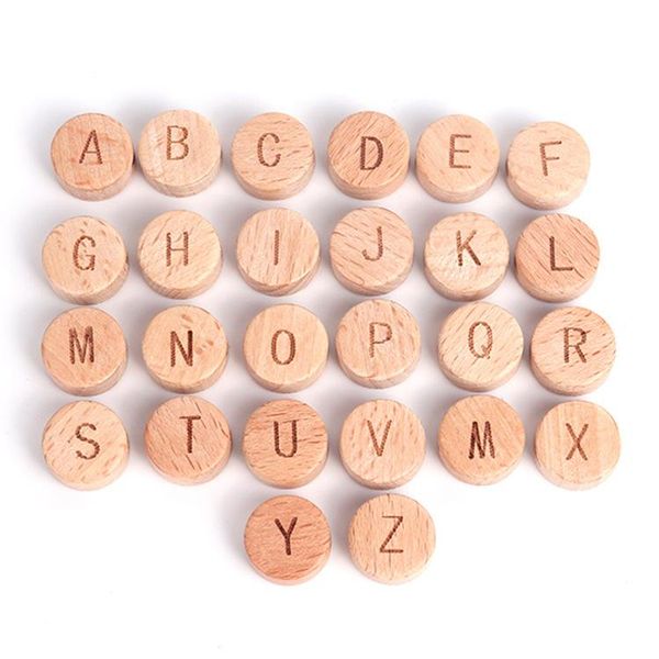 Marke Designer Holz 15mm Natürliche Buche Holz Runde Perlen 26 Alphabet Buchstaben Beißring Perle Kind Molaren Halskette Perlen schmuck