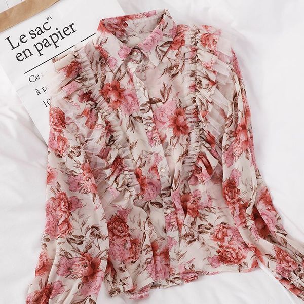 

women's blouses & shirts autumn sweet floral chiffon shirt ruffled lace-up printed loose bottoming women blouse, White