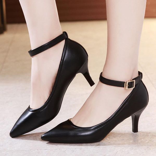 

spring shallow mouth high heel with a buckle stiletto pointed single shoes dress professional work women, Black