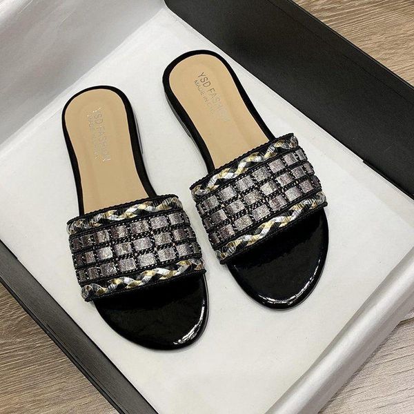 

slipper2021 large size 42 one-word slippers for women's outer wear fashion all-match plaid beach flat sandals, Black