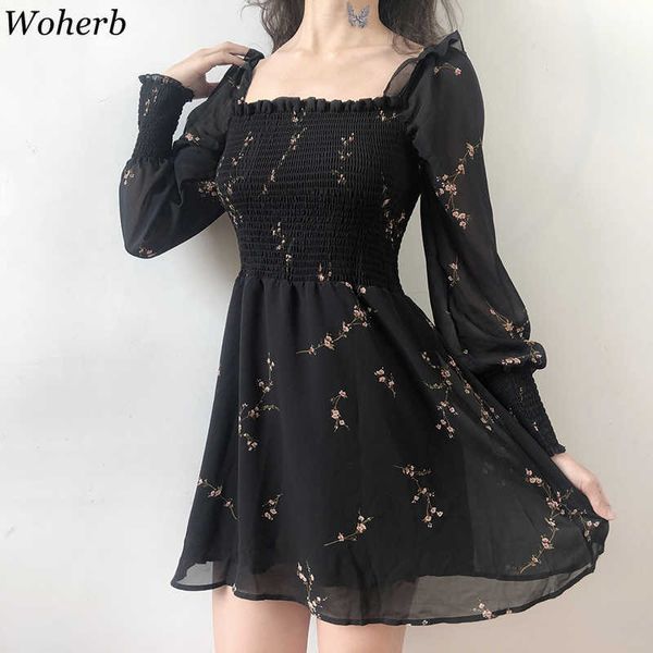 WOHERB Yaz Bayan Siyah Elbise Vintage Çiçek Uzun Puf Kol Şifon Elbiseler Kore Casual Mini Vestidos Mujer 21593 210706