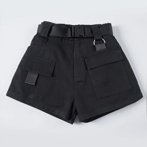 

high waist wide leg cargo women's vintage sashes solid khaki pocket women shorts summer fashion new casual clothes 210304, White;black