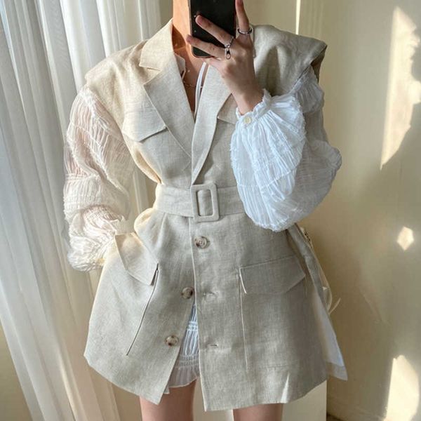 

[ewq]round neck pleated puff sleeve dress + lapel single-breasted suit vest with belt women fashion spring autumn 2f0610 210708, White